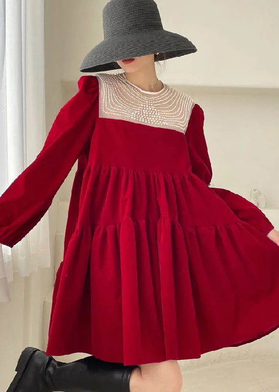 Handmade Red Patchwork Velour Mini Dress Spring Fashionable Mini Dress with Slits