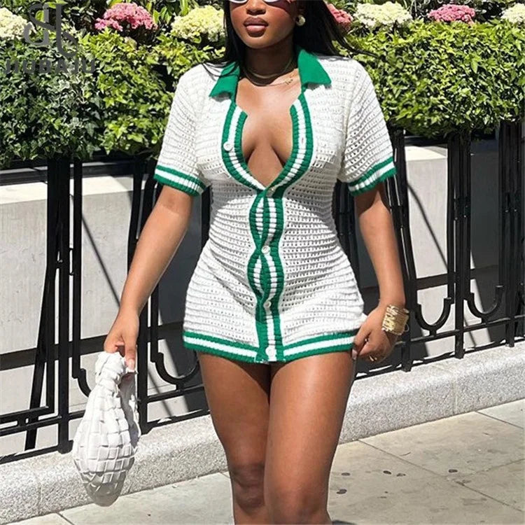Knitted Panelled Mini Dress Women Casual Fashion Short Sleeve Lapel With Buttons Bodycon Female Dress Stylish Floral Print Mini Dress Knitted Panelled Mini Dress Women Casual Fashion Short Sleeve Lapel With Buttons Bodycon Female Dress Stylish Floral Print Mini Dress