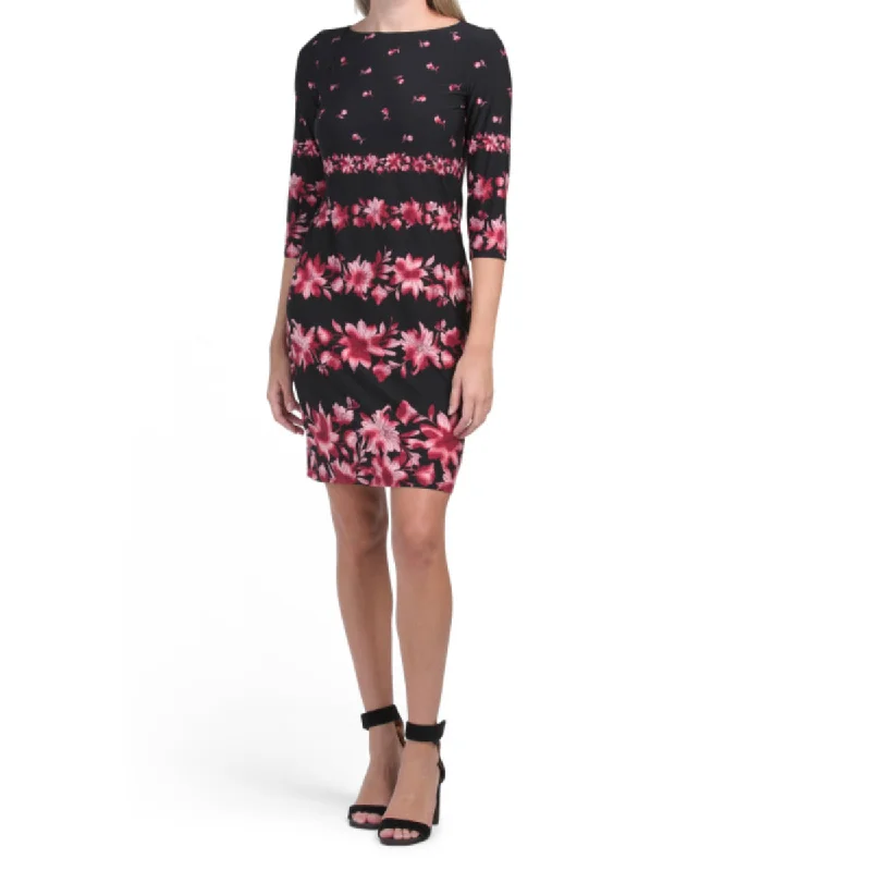 London Times Women's Boat Neck Floral Print Mini Dress Chic Bohemian Mini Dress