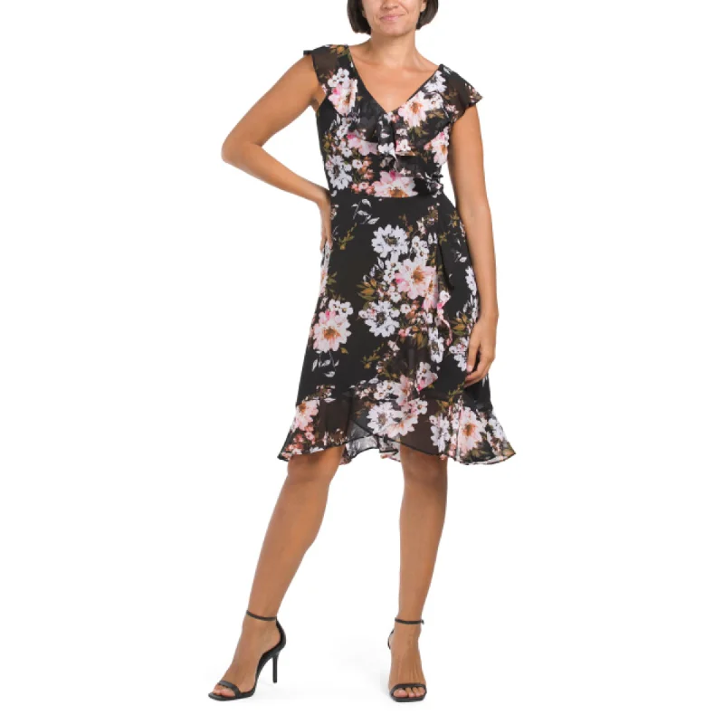 London Times Women's Floral Print Ruffle Trim Wrap Mini Dress Stylish Short Sleeve Mini Dress London Times Women's Floral Print Ruffle Trim Wrap Mini Dress Stylish Short Sleeve Mini Dress