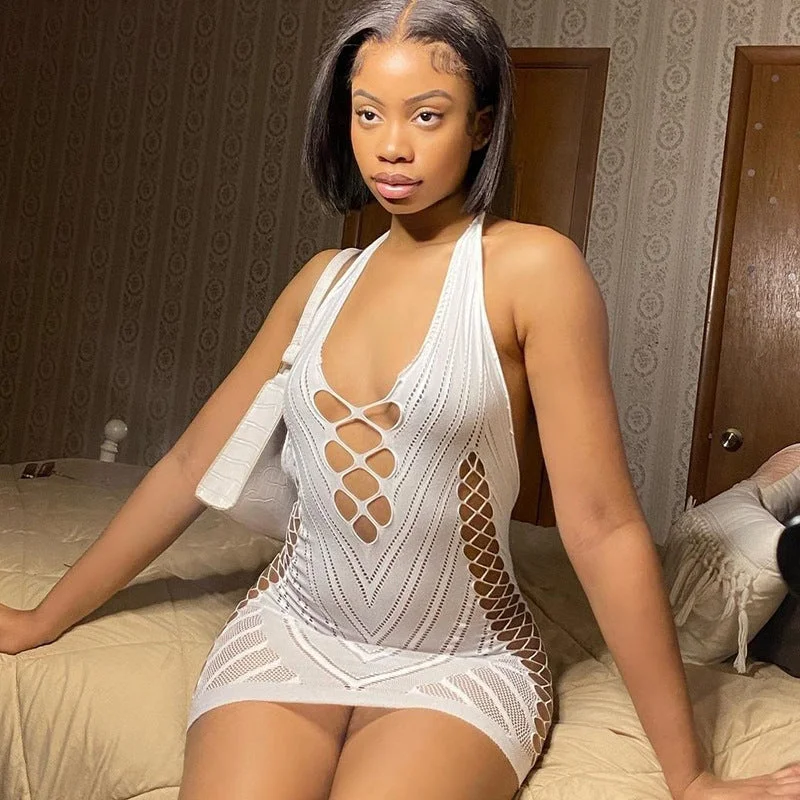 Mesh Backless Hollow Out Halter Mini Dress Women 2021 Sexy Club Fashion Bodycon Apparel Girls Streetwear Casual Clothes Chic Tropical Mini Dress