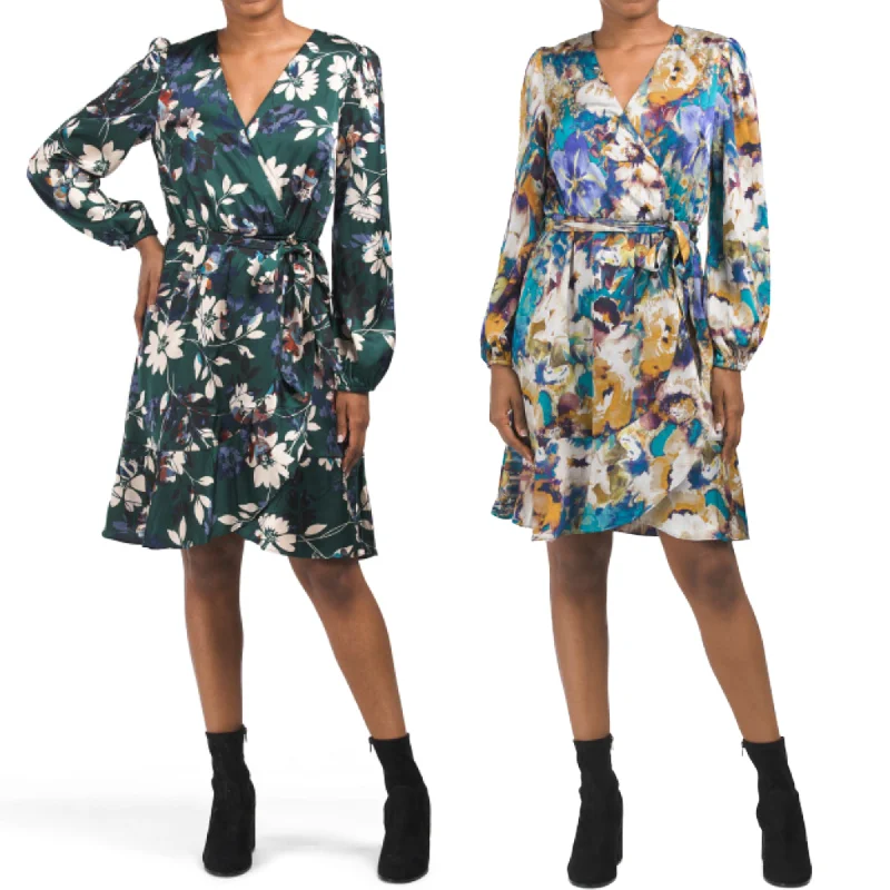 NICOLE MILLER NY Women's Long Sleeve Floral Satin Wrap Style Mini Dress Chic Bohemian Mini Dress NICOLE MILLER NY Women's Long Sleeve Floral Satin Wrap Style Mini Dress Chic Bohemian Mini Dress