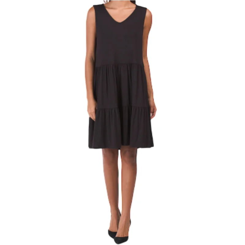 NICOLE MILLER V-Neck Tiered Relaxed Fit Mini Dress Classic Black Mini Dress