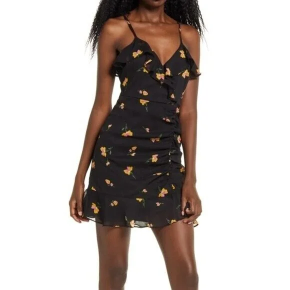 ALL IN FAVOR Women's Callie Ruffle Trim Floral Print Chiffon Mini Dress Cozy Wraparound Mini Dress ALL IN FAVOR Women's Callie Ruffle Trim Floral Print Chiffon Mini Dress Cozy Wraparound Mini Dress