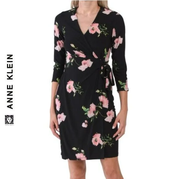 Anne Klein Floral Print V-Neck Wrap Mini Dress Trendy Crossover Mini Dress