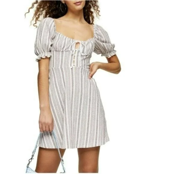TOPSHOP Textured Stripe Puffed Sleeves Mini Dress Comfortable Casual Mini Dress