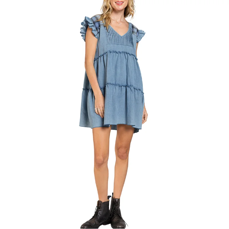 POL Women's Denim Raffle Sleeve Tired Mini Dress Comfortable Shift Mini Dress