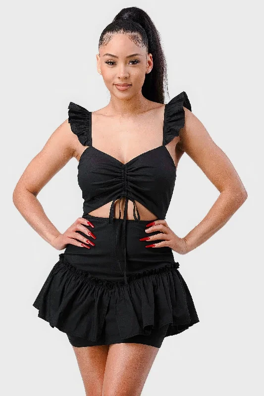 Sweetheart With Drawstring Bow Cutout Ruffled Flutter Sleeves Mini Dress Trendy Button-Detail Mini Dress Sweetheart With Drawstring Bow Cutout Ruffled Flutter Sleeves Mini Dress Trendy Button-Detail Mini Dress