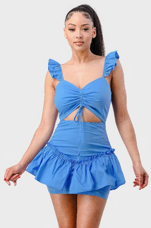 Sweetheart With Drawstring Bow Cutout Ruffled Flutter Sleeves Mini Dress Cozy Ribbed Mini Dress Sweetheart With Drawstring Bow Cutout Ruffled Flutter Sleeves Mini Dress Cozy Ribbed Mini Dress