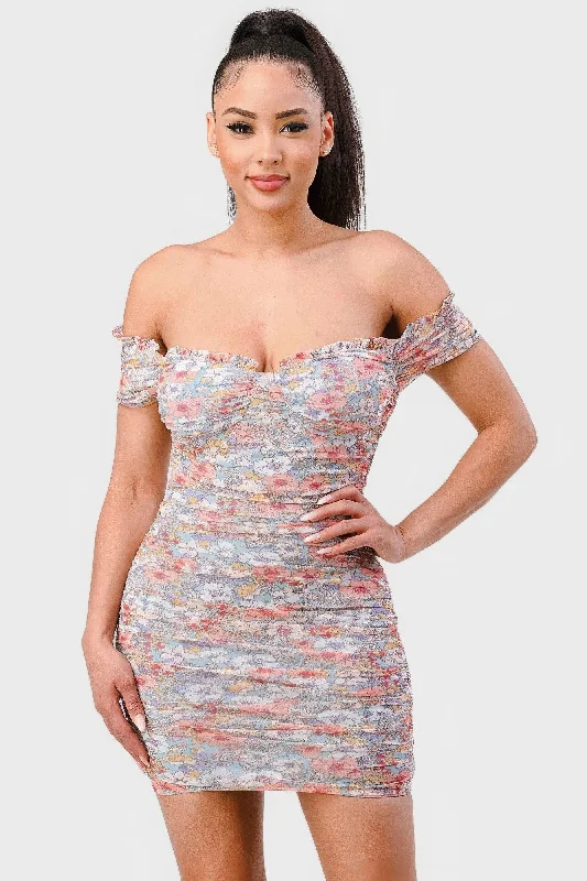 Floral Print Mesh Sweetheart Ruffled Off Shoulder Ruched Mini Dress Classic Shift Mini Dress Floral Print Mesh Sweetheart Ruffled Off Shoulder Ruched Mini Dress Classic Shift Mini Dress