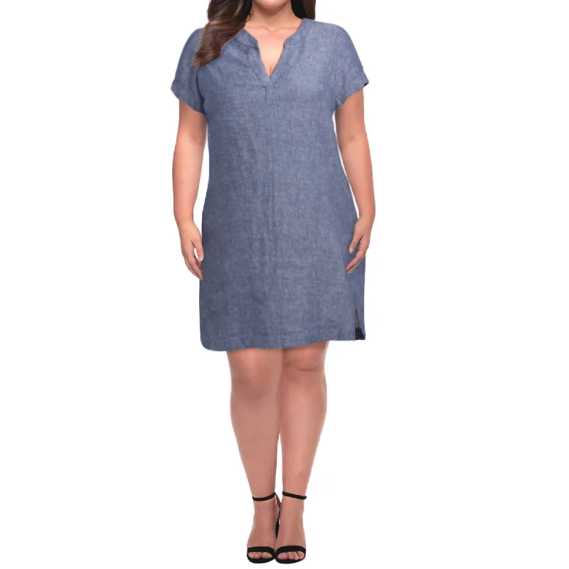 TAHARI Women's Plus Linen Short Sleeve Split Neck Mini Dress Classic Black Mini Dress TAHARI Women's Plus Linen Short Sleeve Split Neck Mini Dress Classic Black Mini Dress