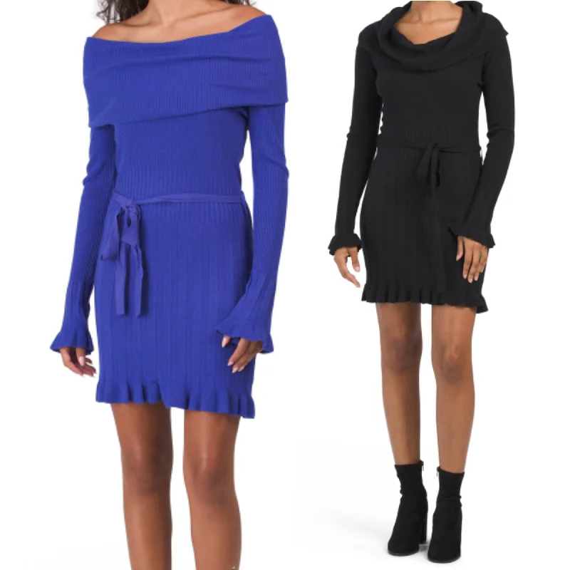 VERTIGO Cowl Neck Pleated Skirt Waist Tie Ribbed Knit Mini Dress Trendy Denim Mini Dress VERTIGO Cowl Neck Pleated Skirt Waist Tie Ribbed Knit Mini Dress Trendy Denim Mini Dress