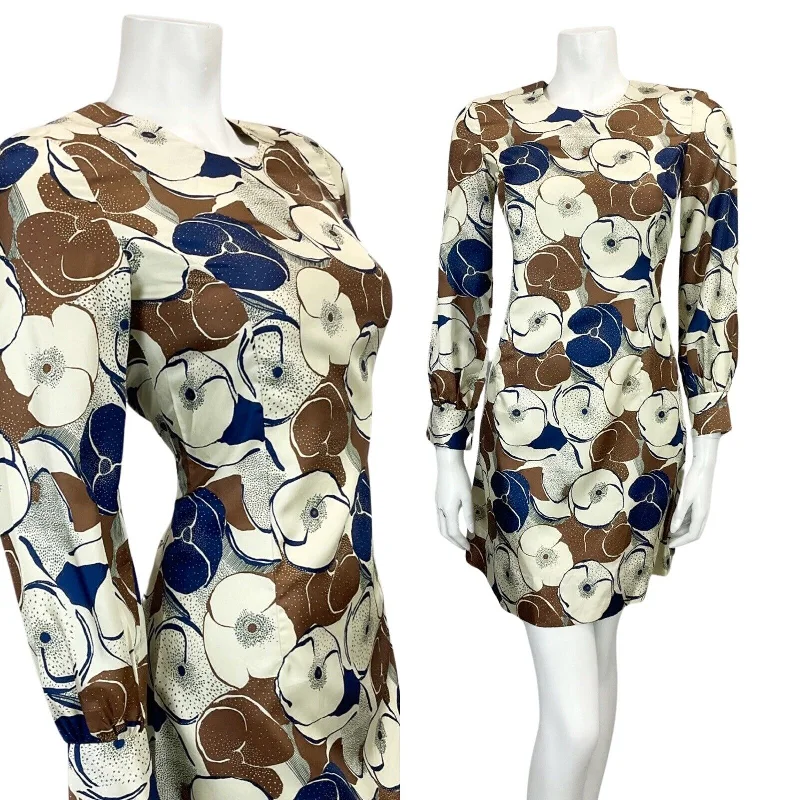 VINTAGE 60s 70s BEIGE BROWN NAVY FLORAL PRINT MOD MINI DRESS 8 Trendy Off-Shoulder Dress Mini VINTAGE 60s 70s BEIGE BROWN NAVY FLORAL PRINT MOD MINI DRESS 8 Trendy Off-Shoulder Dress Mini