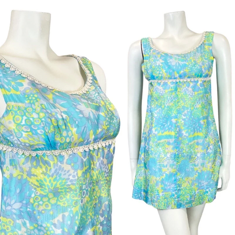 VINTAGE 60s 70s BLUE GREEN PURPLE PSYCHEDELIC FLORAL MOD EMPIRE MINI DRESS 8 Stylish Sweetheart Neck Mini Dress VINTAGE 60s 70s BLUE GREEN PURPLE PSYCHEDELIC FLORAL MOD EMPIRE MINI DRESS 8 Stylish Sweetheart Neck Mini Dress