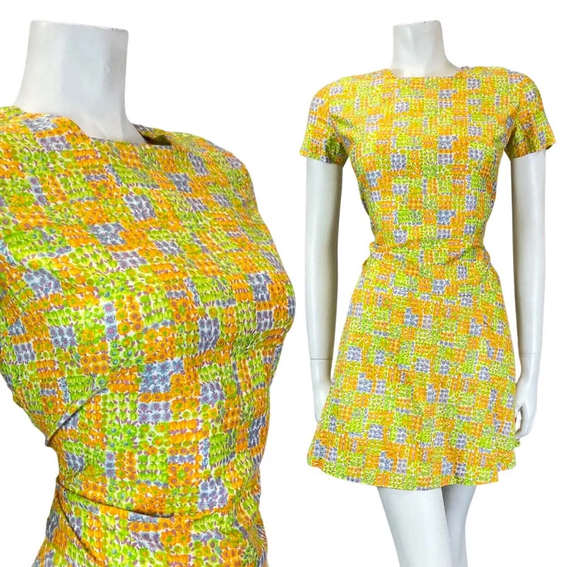 VINTAGE 60s 70s GREEN ORANGE BLUE PATCHWORK DITSY FLOWER MOD MINI DRESS 8 10 Comfortable Linen Mini Dress VINTAGE 60s 70s GREEN ORANGE BLUE PATCHWORK DITSY FLOWER MOD MINI DRESS 8 10 Comfortable Linen Mini Dress
