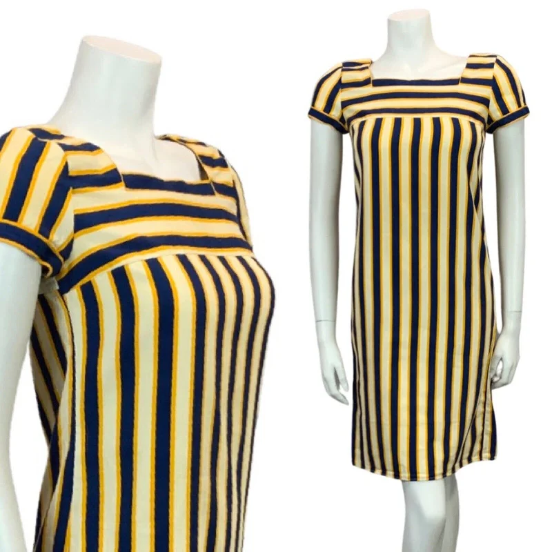 VINTAGE 60s 70s NAVY BLUE YELLOW CREAM STRIPED MINI DRESS 8 Comfortable Ruffle Mini Dress VINTAGE 60s 70s NAVY BLUE YELLOW CREAM STRIPED MINI DRESS 8 Comfortable Ruffle Mini Dress