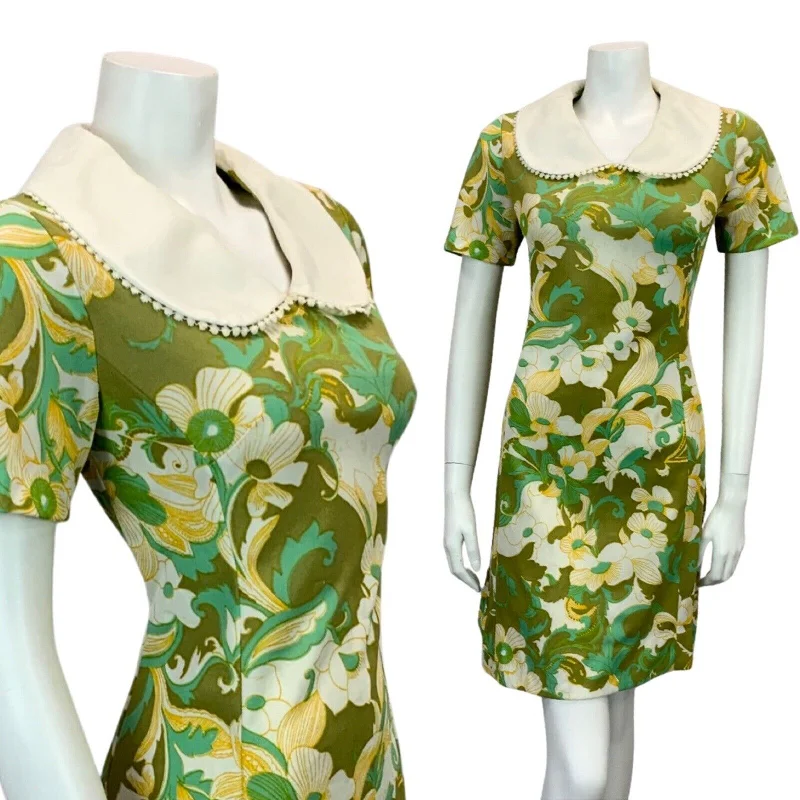 VINTAGE 60s 70s OLIVE GREEN TURQUOISE ORANGE FLORAL PRINT MINI DRESS 8 10 Cozy A-Line Mini Dress