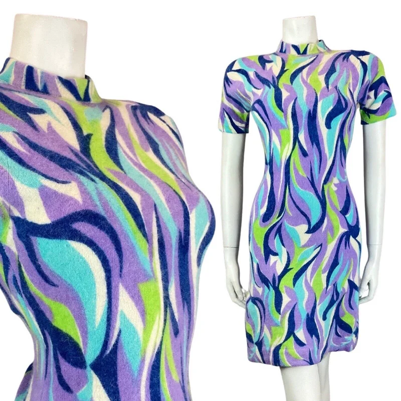 VINTAGE 60s 70s PURPLE GREEN BLUE PSYCHEDELIC SWIRL ANGORA WOOL MOD MINI DRESS 8 Elegant Off-Shoulder Dress Mini VINTAGE 60s 70s PURPLE GREEN BLUE PSYCHEDELIC SWIRL ANGORA WOOL MOD MINI DRESS 8 Elegant Off-Shoulder Dress Mini