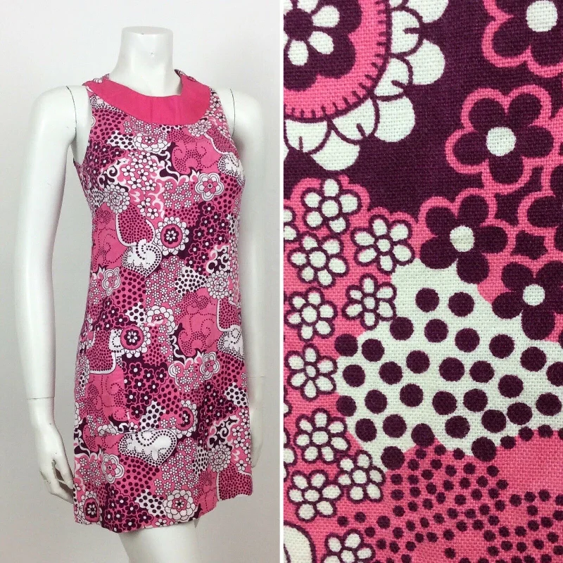VINTAGE 60S COTTON PINK PURPLE PSYCHEDELIC FLORAL MINI DRESS 8 10 Fashionable Button-Front Mini Dress VINTAGE 60S COTTON PINK PURPLE PSYCHEDELIC FLORAL MINI DRESS 8 10 Fashionable Button-Front Mini Dress