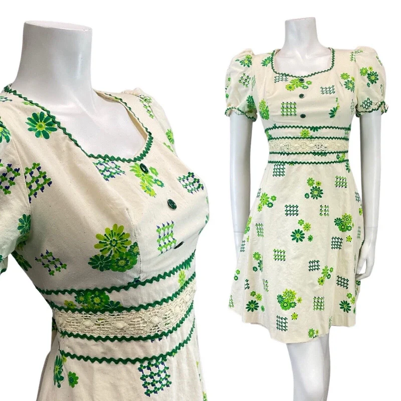 VINTAGE 60s CREAM GREEN BLUE FLORAL RIC-RAC PUFF SLEEVE MOD MINI DRESS 8 10 Classic Casual Mini Dress VINTAGE 60s CREAM GREEN BLUE FLORAL RIC-RAC PUFF SLEEVE MOD MINI DRESS 8 10 Classic Casual Mini Dress