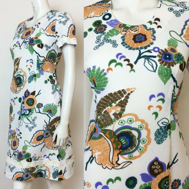 VINTAGE 60S FLORAL MINI DRESS WHITE ORANGE BROWN GREEN PURPLE 10 12 Trendy Mini Dress with Belt VINTAGE 60S FLORAL MINI DRESS WHITE ORANGE BROWN GREEN PURPLE 10 12 Trendy Mini Dress with Belt