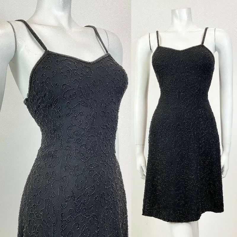 VINTAGE 70s 80s BLACK FLORAL VINE BEADED SPAGHETTI STRAP PARTY MINI DRESS 8 Fashionable Lace Mini Dress
