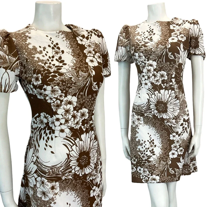 VTG 60S 70S BROWN FLORAL MOD GOGO SCOOTER MINI DRESS 8 10 Fashionable Lace-Trim Mini Dress VTG 60S 70S BROWN FLORAL MOD GOGO SCOOTER MINI DRESS 8 10 Fashionable Lace-Trim Mini Dress