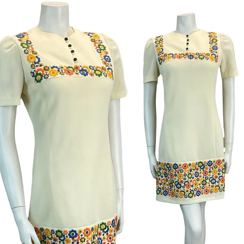VTG 60S 70S CREAM EMBROIDERED FLORAL MINI DRESS MOD SCOOTER 8 10 Elegant Lace Mini Dress VTG 60S 70S CREAM EMBROIDERED FLORAL MINI DRESS MOD SCOOTER 8 10 Elegant Lace Mini Dress