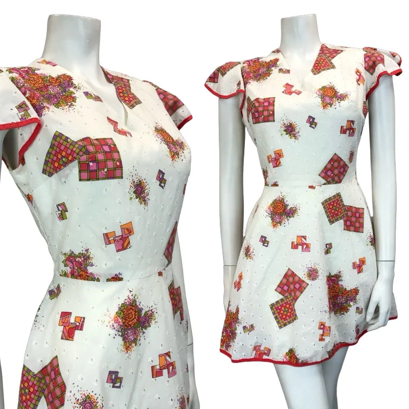 VTG 60S 70S FLORAL GEOMTRIC WHITE RED PINK ANGEL SLEEVE MINI DRESS SIZE 10 Stylish Ribbed Mini Dress VTG 60S 70S FLORAL GEOMTRIC WHITE RED PINK ANGEL SLEEVE MINI DRESS SIZE 10 Stylish Ribbed Mini Dress