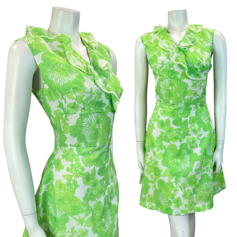 VTG 60S 70S FLORAL WRAP RUFFLE MOD MINI DRESS GREEN WHITE 10 Fashionable Denim Mini Dress VTG 60S 70S FLORAL WRAP RUFFLE MOD MINI DRESS GREEN WHITE 10 Fashionable Denim Mini Dress