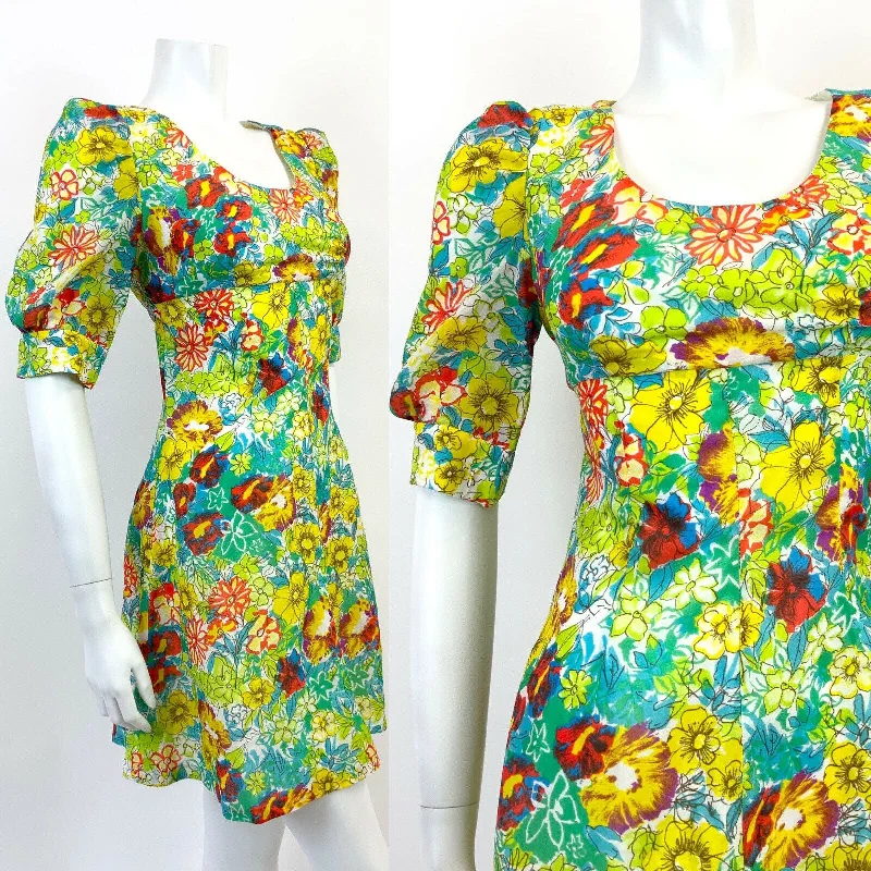 VTG 60s 70s GREEN BLUE YELLOW PSYCHEDELIC FLORAL PUFF SLEEVE MOD MINI DRESS 8 Classic Solid Mini Dress VTG 60s 70s GREEN BLUE YELLOW PSYCHEDELIC FLORAL PUFF SLEEVE MOD MINI DRESS 8 Classic Solid Mini Dress