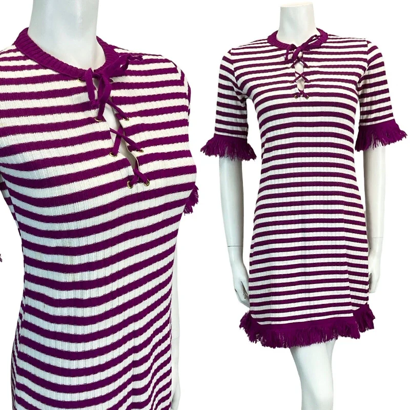 VTG 60S 70S PURPLE LACE NECK RIB KNIT BEACH GOGO MINI DRESS 8 10 12 Cozy Wraparound Mini Dress VTG 60S 70S PURPLE LACE NECK RIB KNIT BEACH GOGO MINI DRESS 8 10 12 Cozy Wraparound Mini Dress