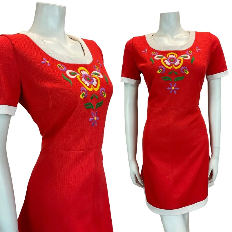 VTG 60S 70S RED EMBROIDERED FLORAL MINI DRESS MOD GOGO SCOOTER 12 14 Trendy Wraparound Mini Dress VTG 60S 70S RED EMBROIDERED FLORAL MINI DRESS MOD GOGO SCOOTER 12 14 Trendy Wraparound Mini Dress