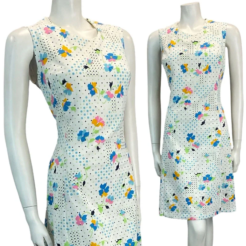 VTG 60S 70S SUMMER MOD GOGO SCOOTER MINI DRESS FLORAL DOTS 8 10 Chic Sleeveless Mini Dress