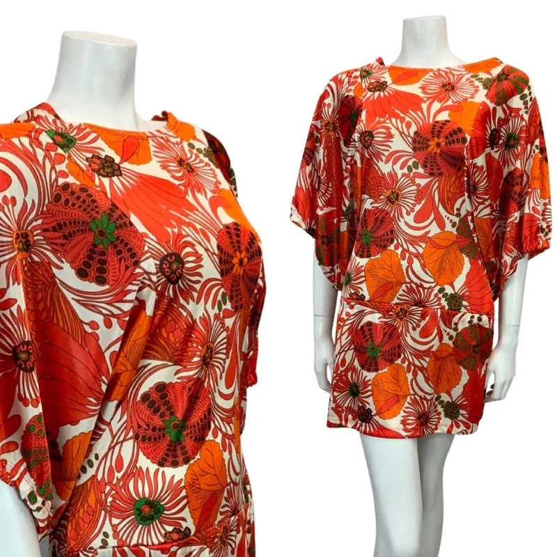 VTG 60s 70s WHITE RED ORANGE GREEN FLORAL PSYCHEDELIC BACKLESS MINI DRESS 8 10 Casual Button-Up Mini Dress VTG 60s 70s WHITE RED ORANGE GREEN FLORAL PSYCHEDELIC BACKLESS MINI DRESS 8 10 Casual Button-Up Mini Dress