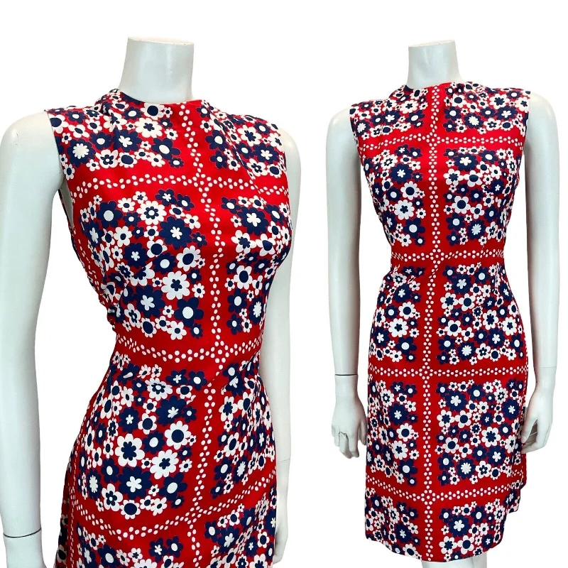 VTG 60S MOD GOGO SCOOTER DAISY SHIFT MINI DRESS RED BLUE WHITE 10 12 Cozy Cowl Neck Mini Dress