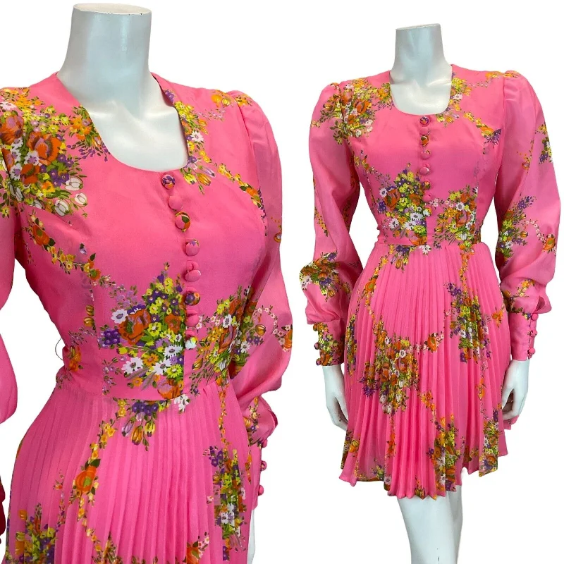 VTG 70S DOLLY PINK FLORAL WEDDING PARTY MINI DRESS ORANGE PURPLE 10 12 Chic Mini Dress with V-Neck VTG 70S DOLLY PINK FLORAL WEDDING PARTY MINI DRESS ORANGE PURPLE 10 12 Chic Mini Dress with V-Neck