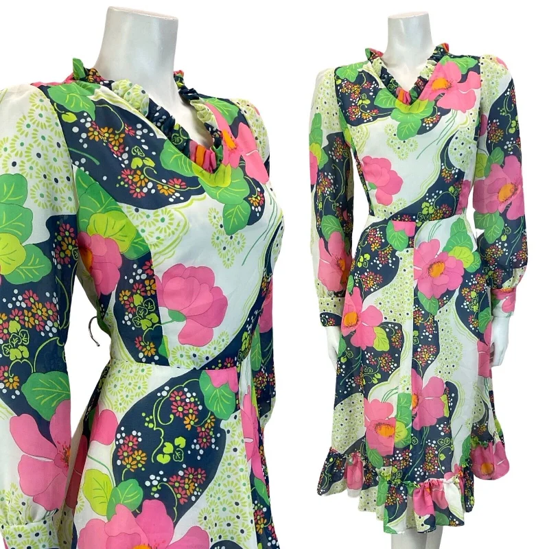 VTG 70S FLORAL PSYCHEDELIC RUFFLE DAISY MINI DRESS PINK BLUE GREEN 10 12 Comfortable Shift Mini Dress VTG 70S FLORAL PSYCHEDELIC RUFFLE DAISY MINI DRESS PINK BLUE GREEN 10 12 Comfortable Shift Mini Dress