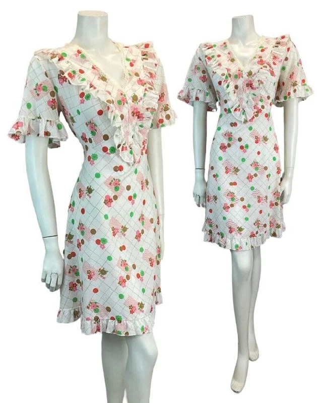VTG 70S WHITE PINK GREEN COTTON FEEL SUMMER MINI DRESS GRID FLORAL 12 14 Cozy Ruched Mini Dress VTG 70S WHITE PINK GREEN COTTON FEEL SUMMER MINI DRESS GRID FLORAL 12 14 Cozy Ruched Mini Dress