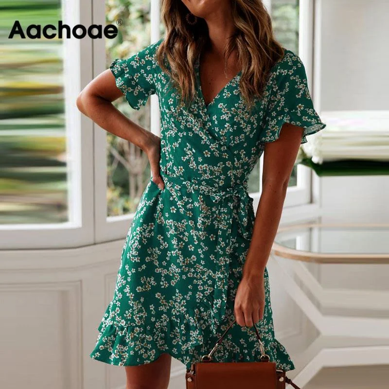 Women Dresses Summer Sexy V Neck Floral Print Boho Beach Dress Ruffle Short Sleeve A Line Mini Dress Sundress Fashionable Summer Mini Dress Women Dresses Summer Sexy V Neck Floral Print Boho Beach Dress Ruffle Short Sleeve A Line Mini Dress Sundress Fashionable Summer Mini Dress