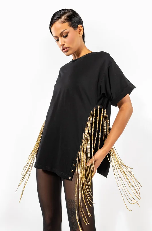 ABOVE AVERAGE CHAIN DETAIL OVERSIZED CREW NECK TSHIRT Fashionable Tied Short Sleeve