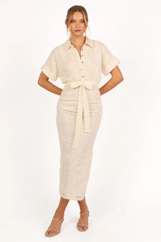 Adorlee Midi Dress - Cream Trendy Ruffle Hem Midi Dress