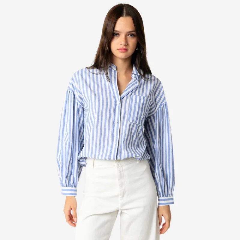 Alivia Shirt (Blue + White Stripe) Trendy Summer Short Sleeve