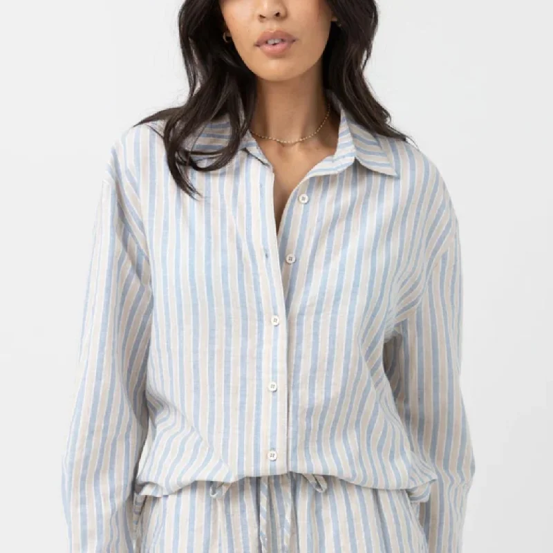 Amore Stripe Oversized Shirt (Blue Stripe) Trendy Button-Front Short Sleeve