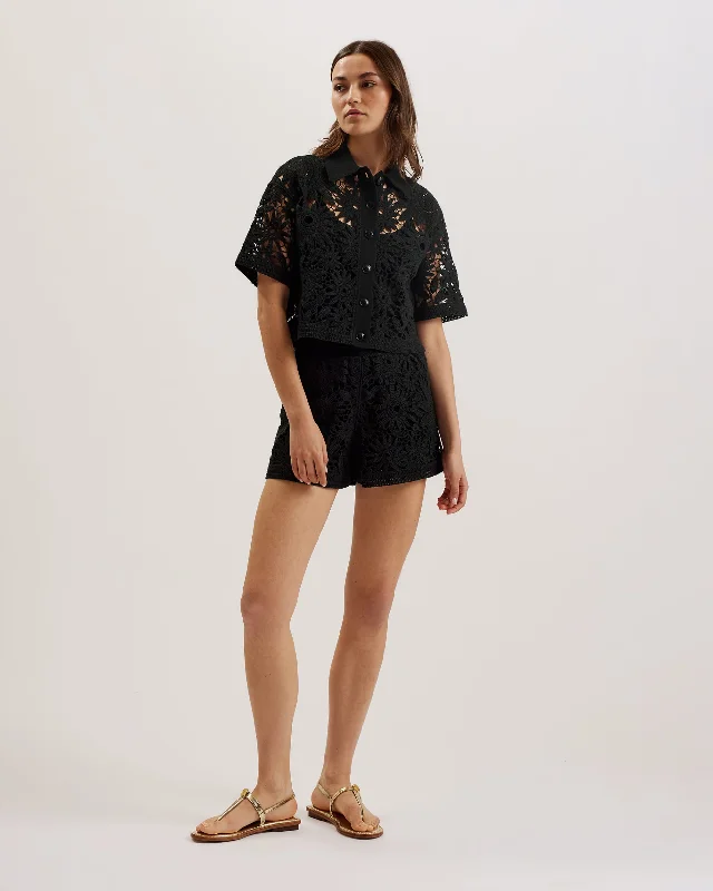 Angiiee Floral Crochet Boxy Cropped Shirt Black Fashionable Short Sleeve Vest
