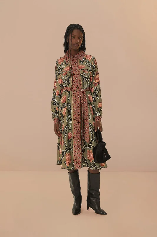 Arabesque Floral Green Midi Dress Elegant Faux Wrap Midi Dress