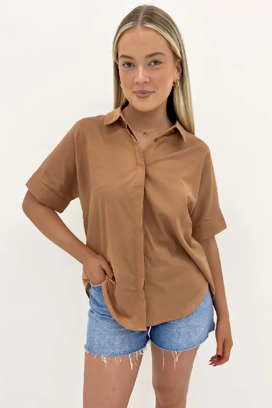 Aria Classic Shirt Tan Casual Ruffle Short Shirt