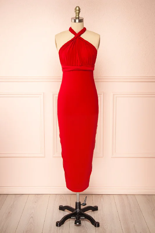 Aristella Red | Convertible Midi Dress Cozy Spaghetti Strap Midi Dress