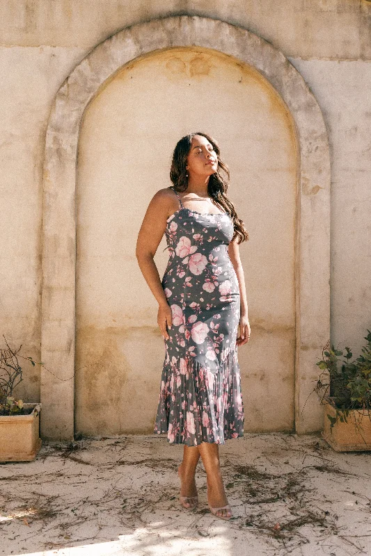 Ashton Midi Dress - Steel Gray Floral Trendy Off-Shoulder Ruffle Midi Dress