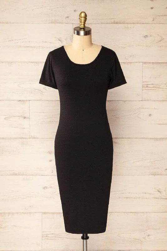Athens Black | Short Sleeve Fitted Midi Dress Fashionable A-Line Midi Dress